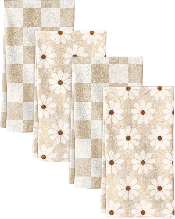 Miss Adola 4pcs Flour Sack Kitchen Towels - 16x26 Inch Cotton Dish Towels Set of 4 with Hanging Loop Reusable Geometric Boho Modern Retro Tea Towel Absorbent Dishcloths Home Decor, Beige Plaid Daisy