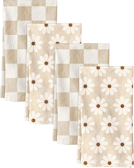 Miss Adola 4pcs Flour Sack Kitchen Towels - 16x26 Inch Cotton Dish Towels Set of 4 with Hanging Loop Reusable Geometric Boho Modern Retro Tea Towel Absorbent Dishcloths Home Decor, Beige Plaid Daisy