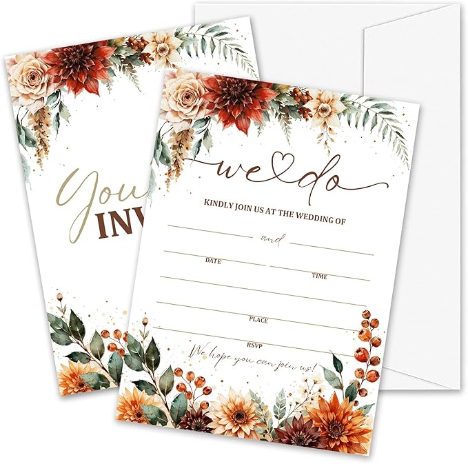 Boho Pampas Grass Wedding Invitations, 5"x 7" Autumn Wildflower Wedding Invites Card With Envelopes, 25 PCS for Party Decorations and Supplies - A08