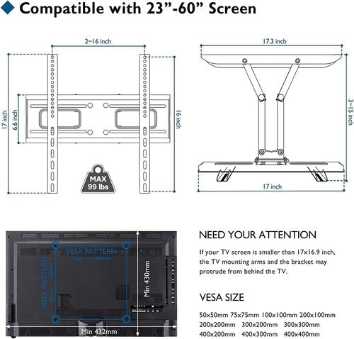BONTEC Full Motion TV Wall Mount - Swivel & Tilt for 23-70 Inch TVs, Holds Up to 99 lbs, Easy Assembly
