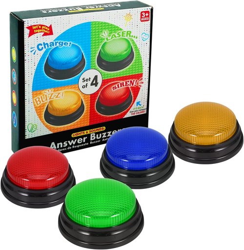 Buzzers | 4-Pack Trivia Game Buzzers with Lights & Sound - Perfect for Classroom & Family Feud