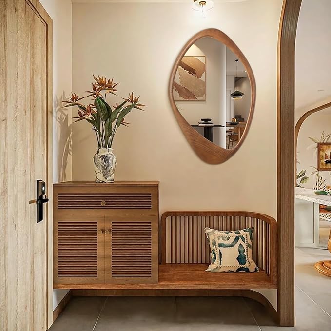 AAZZKANG Asymmetrical Wall Mirror Large 24"x16" Retro Irregular Vanity Mirrors Decorative for Bathroom Bedroom Living Room Hallway Brown