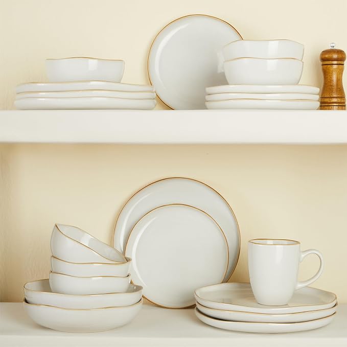 Pokini 24 Piece White Ceramic Plates and Bowls Sets for 8, Reactive Glaze Stoneware with Coastal‑Line Look | Ideal for Holiday Entertaining, Thanksgiving, and Large Family Meals