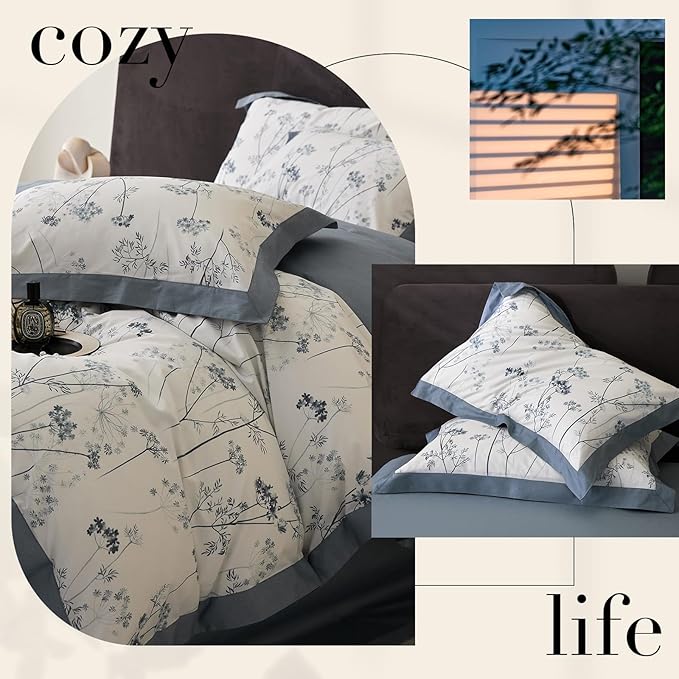 Blue Floral Duvet Cover Full Girl Soft Cotton Flowers Bedding Set with 2 Pillowcases Vintage White Blue Botanical Bedding Duvet Cover Sets for Full Bed,Chic Shabby Bedding,All Season