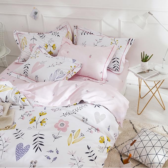 Girls Boho White Pink Floral Duvet Cover Queen Bedding Sets Cotton Comforter Cover Chic Flower Branches Bedding Sets with 2 Pillowcases