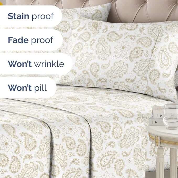 Floral Sheets - Paisley Bed Sheet Set - 1 Flat, 1 Fitted & 2 Pillowcases w/ Deep Pockets - Comfy, Cozy, Wrinkle & Fade Free - Boho Botanical Bedding - Ultra-Soft, Breathable & Cooling - Full Size