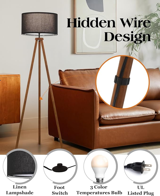 ELYONA Wood Tripod Floor Lamp Modern Standing Lamp with Black Drum Shade, Industrial Tall Reading Lamp for Office Living Room Bedroom, ETL Listed Walnut & Black, 3 Color Temperatures LED Bulb Include