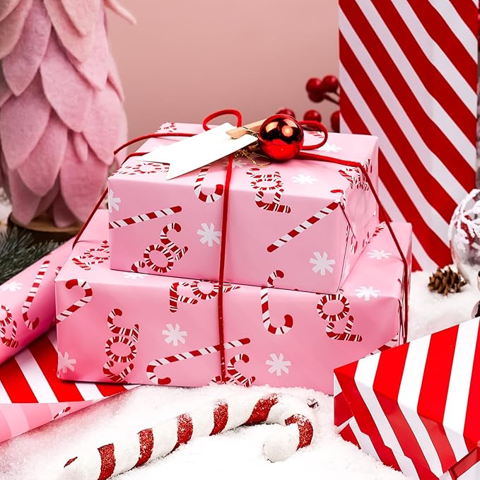 MAYPLUSS Christmas Gift Wrapping Paper Roll - 17 Inch X 33 Feet - Reversible Pink Candy Cane and Stripe Design for Winter Gift Wrap, DIY Craft, Christmas, Party, Holiday and Birthday
