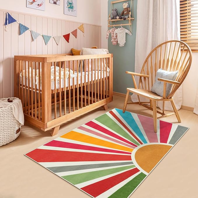 STARUIA Boho Washable Rug 3'x5' Kids Area Rug for Playroom, Colorful Kids Rugs for Bedroom, Non-Slip Throw Sun Carpet Soft Small Sunshine Rugs for Office Nursery Entryway Dorm