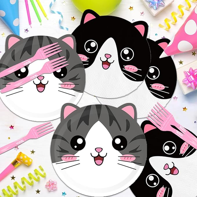 48Pcs Cute Cat Birthday Decorations Plates Cat Party Decorations Include Desserts Plates Napkins Forks for 16 Guests