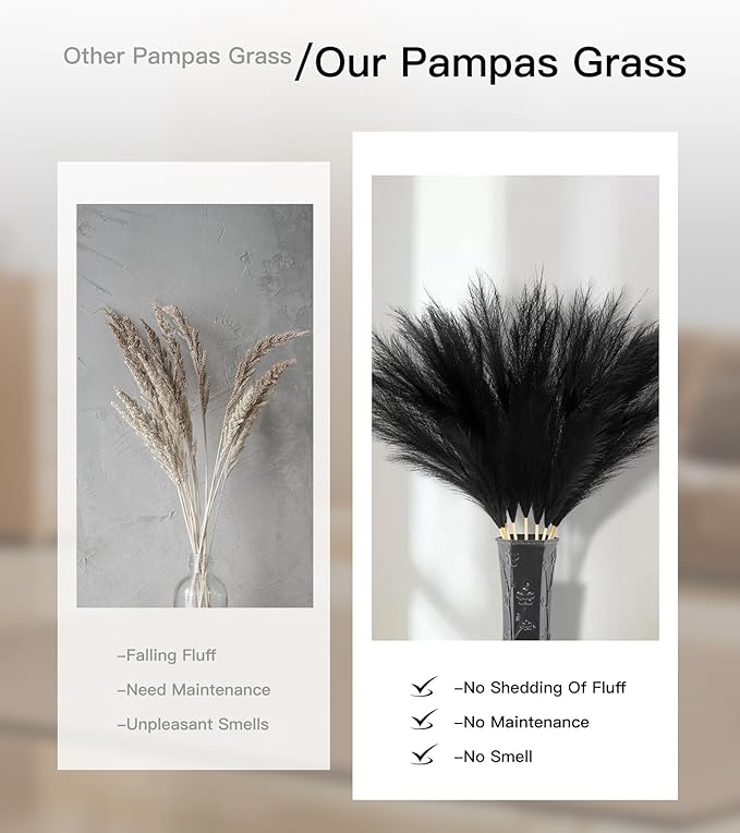 9 Pcs 45" Tall Pampas Grass Black Decor, Long Stem Artificial Flower Floor Vase Large Faux Floral Pompas Fake Plants Dried Bouquet Arrangement Vase Filler for Boho Home Wedding Decoration