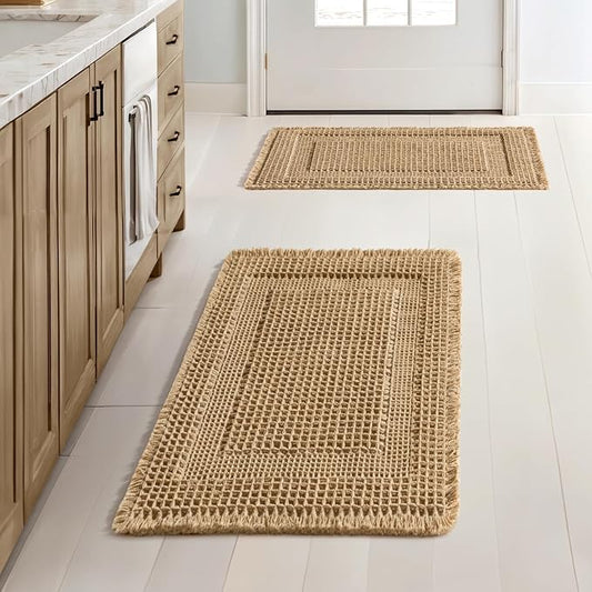 MIULEE Set of 2 Waffle Bathroom Rugs, Boho Bath Rug Super Absorbent, Non Slip Washable Ultra Soft Rubber Backed Shower Bath Mats for Floor, Tub, Shower, Looped Design, Brown, 17x24 Inch