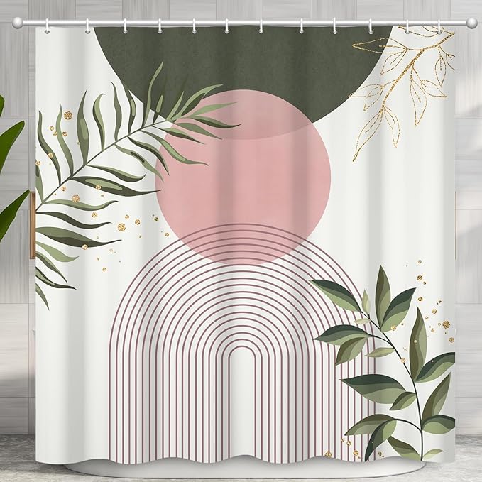 Boho Mid Century Shower Curtain, Pink Modern Minimalist Abstract Geometric Sage Green Gold Plant Leaves Bathroom Curtains Washable Waterproof Fabric Buthtub Curtain Set with Hooks 60" Wx72 L