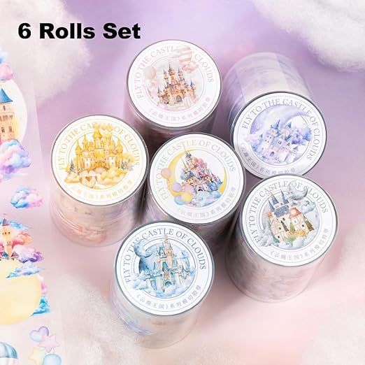 AuriicLeaf Cloud-Themed Pre-Cut PET Tape Set, 6 Rolls of Fantasy Castle and Balloon Stickers for Scrapbooking, Journaling, and DIY Craft Supplies