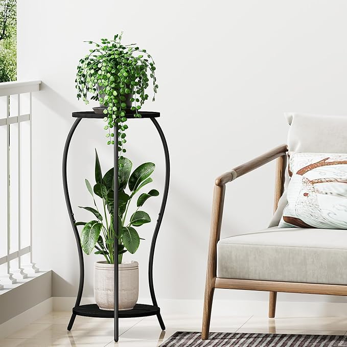 Plant Stand Indoor, 2 Tier Round Tall Plant Stand, Flower Pot Stand, Plant Shelf Rack, Corner Plant Stand for Planter Garden Balcony Patio Living Room, Black