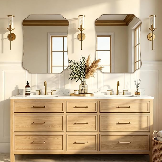 ANDY STAR 24"x30" Gold Mirror, Brushed Brass Scalloped Wall Mirror, Bathroom Wall Mirror with Stainless Steel Metal Framed Ideal for Bedroom, Hallway