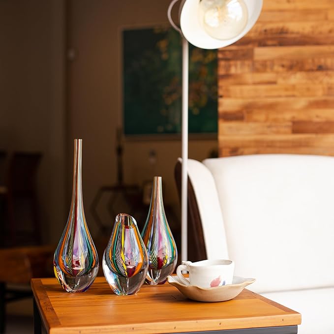 Ca D Oro Small Drop Glass Vase Boho with Colored Canes Hand Blown Murano-Style Art Glass - Model Tall