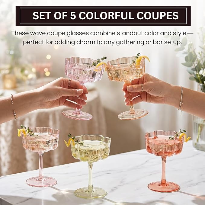 Summer Flower Scalloped Vintage Wavy Petals Wave Glass Coupes 7oz Colorful Martini, Champagne & Cocktails, 5 Set Colored Rippled Champagne Glasses, Elegant Bar Glassware, Aesthetic Coupe Glassware