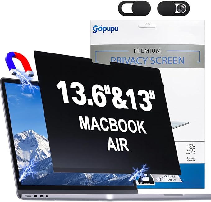 Magnetic Privacy Screen Camera Cover Compatible with MacBook Air 13.6 inch Screen Filter 2022-2025 M2/M3/M4, Removable Mac Air 13.6 inch Screen Protector A2681 A3240 Anti Glare Blue Light Anti Spy