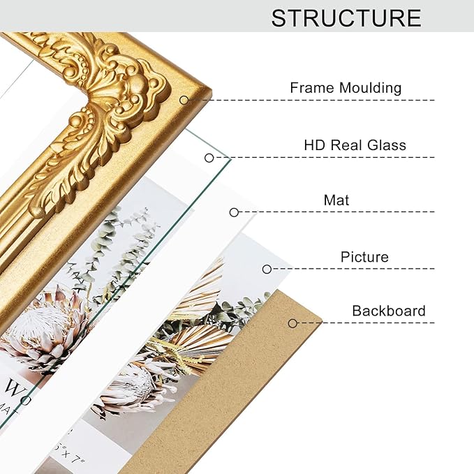 7x9 Gold Picture Frame with Baroque Flower Trim, Solid Wood with Real Glass, Display 7x9 Photos Matted to 5x7, Vertical and Horizontal Desk Tabletop or Wall Hanging,Ornate Vintage Style