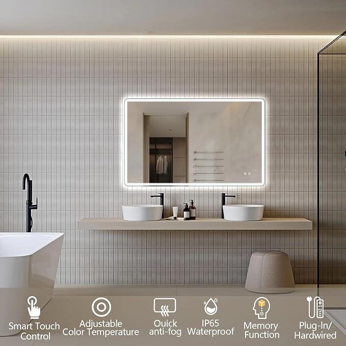 Niccy 30"x48" LED Bathroom Mirror, Rectangle Vanity Mirrors with Lights, Frontlit & Backlit Lighted Vanity Mirror, Memory Funtion, 3 Colors & Stepless Dimmable, Anti-Fog, Horizontal/Vertical