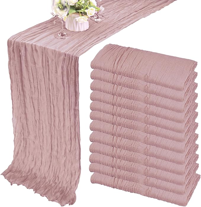 12 Pack 13Ft Cheesecloth Table Runner 35x157 Inch Boho Gauze Cheese Cloth Long Rustic Table Runner for Wedding Bridal Shower Birthday Party Table Decor (Dusty Pink)