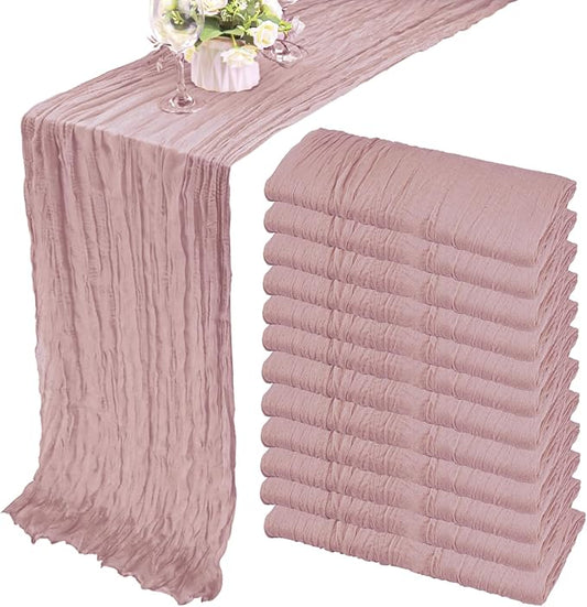 12 Pack 13Ft Cheesecloth Table Runner 35x157 Inch Boho Gauze Cheese Cloth Long Rustic Table Runner for Wedding Bridal Shower Birthday Party Table Decor (Dusty Pink)