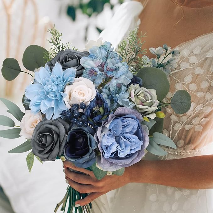 Floweroyal 2 Layers Artificial Flowers Combo Dusty Blue Flowers Mix Silk Flowers Dahlia Roses with Stems for Wedding Bridal Bouquets, Baby Shower, Floral Arrangement, Table Centerpieces