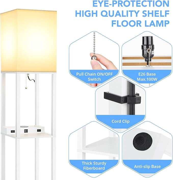 Mlambert Modern Shelf Floor Lamp with Wireless Charger & Fast Charging USB Ports & Type C Port & 2 Power Outlets,3 Tier Storage Lamp for Bedroom,White