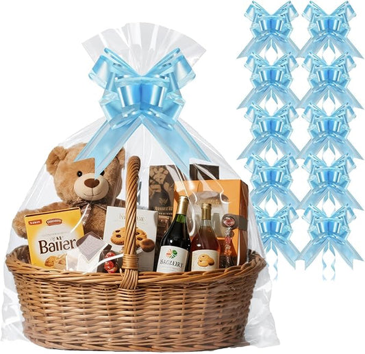 PigPotParty 30"x40" Clear Cellophane Gift Bags - Includes Bows – 10 Pack Large Cellophane Wrap for Gift Baskets, Plastic Gifts Bags for Gift Giving