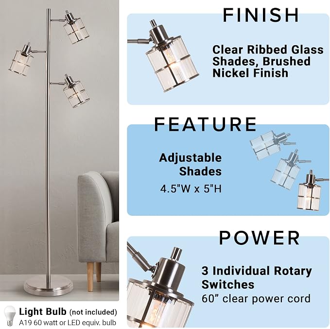 Catalina Lighting Modern 3 Light Floor Lamp with Adjustable Ribbed Glass Shades & Reading Light, 68", Classic Brushed Nickel