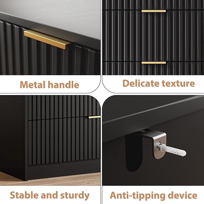 3-Piece Dresser Bedroom Set, 6 Drawer Dresser & 3 Drawer Nightstands with Gold Handles, Fluted Wood Chest of Drawers for Bedroom, Living Room, Entryway, Black