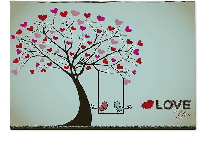 Ambesonne Love Cutting Board, Heart Leaves on Tree with Birds in Love on a Swing Cartoon for Valentines Day, Decorative Tempered Glass Cutting and Serving Board, Large Size, Brown Red Pink