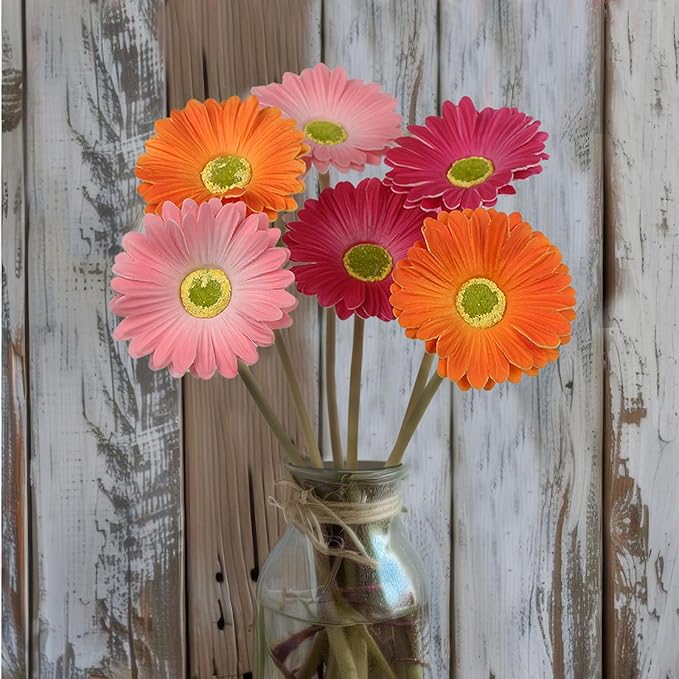 6 Pcs Artificial Gerbera Daisies Flowers Artificial Daisy Bouquet Fake Daisy Stems Faux Flowers Bulk Artificial Flowers Wildflowers Silk Flowers for Wedding Bridal Bouquet Party Home Kitchen