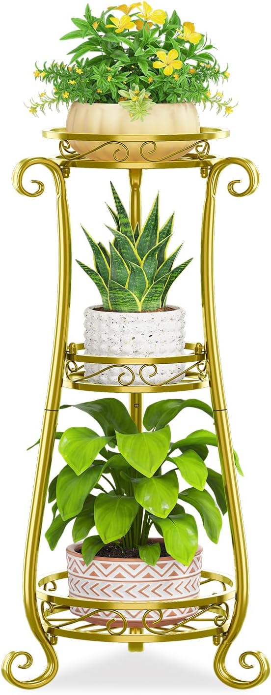 KMOTASUO 3 Tier Metal Plant Stand for Multiple Large Planters Indoor Outdoor Organizer, Heavy Duty Tall Flower Rack for Corner Patio Bathroom Office Corner, Modern Sturdy Vertical Iron Rack, Gold