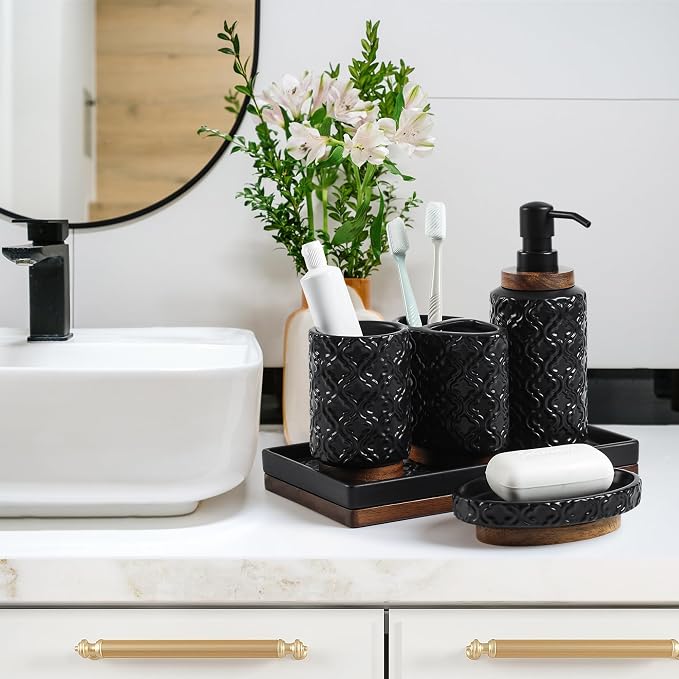 RQYIXI Elegant Bathroom Accessories Set 6 PCS Ceramic and Wood Bathroom Accessory Set Soap Dispenser Toothbrush Holder Tumbler Soap Dish Tray Trash Can Easy to Clean Quatrefoil Pattern Black