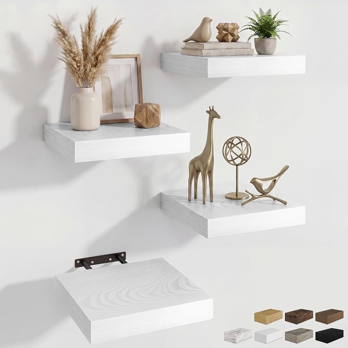RICHFOCUS 8 Inch Floating Shelves for Wall Small Square Shelves Set for Bedroom|Kitchen|Bathroom|Laundry Room Rustic Wood Wall Mounted Shelf with Invisible Brackets for Books|Storage|Decor, White