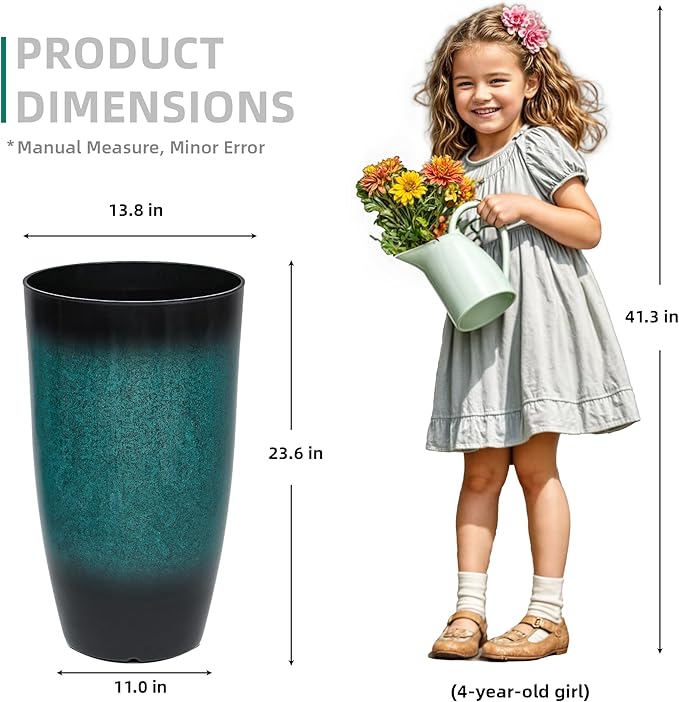 23.75" H Large Tall Outdoor Planters, Set of 2 Plastic Large Flower Pots for Outdoor Plants, Weather-Resistant for Porch, Garden, Patio or Indoor All Season Decor, Gradient Turquoise Finish