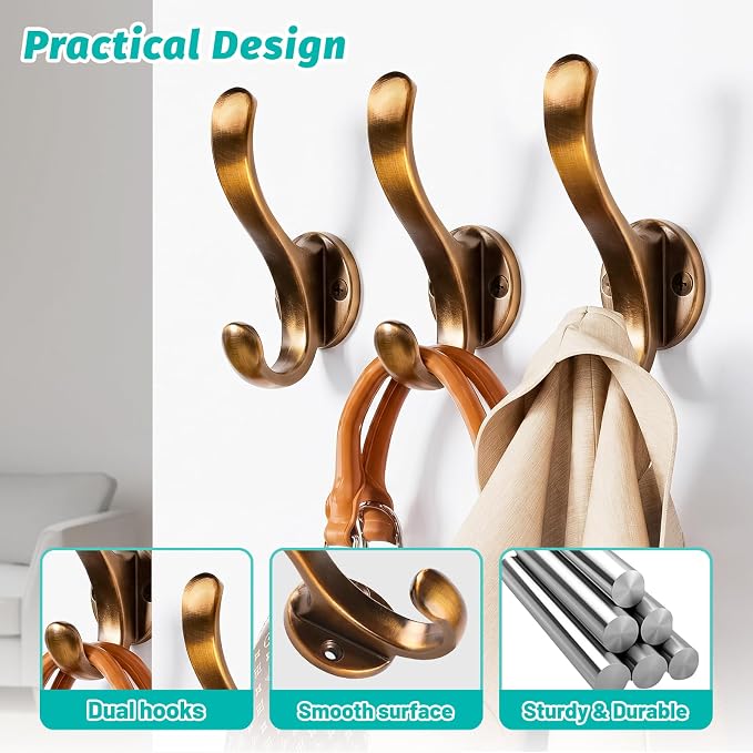 Heavy Duty Wall Hooks, Black, Metal Mounting Hardware, 6-Pack, Double Prong Design, Decorative Coat Hangers with Screws, Anchors