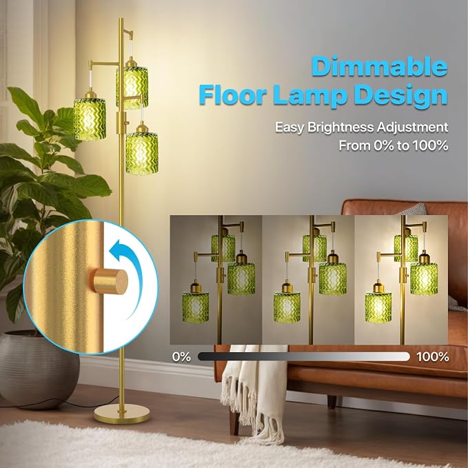 Brass Floor Lamp for Living Room, Vintage 3-Light Green Glass Standing Lamp, Brass Base Mid Century Modern, Retro Tree Design Tall Floor Lamp