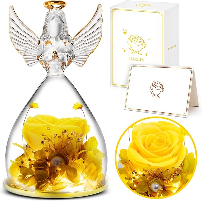 LURLIN Birthday Rose for Women, Preserved Flowers for Mom, Glass Angel Figurines With LED Forever Rose for Grandma Wife Friend Teacher, Nurse, Anniversary Day Girls Gift
