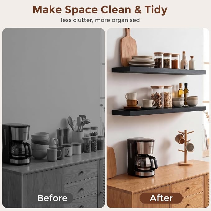 fuqing 40 Inch Floating Shelves | 6.7 Inch Deep Black Shelves for Wall Set of 2 | 40''W x 6.7''D x 1.4''H Black Wood Shelves for Living Room Bathroom Bedroom Kitchen Home Office
