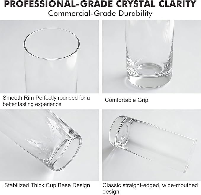 Highball Glasses Set of 6,13oz Clear Drinking Glass Cups for Mixed Drink Cocktail, Beer, Mojito, Water and Juice, Thick Tall Crystal Glassware for Kitchen, Restaurant, Home Bar and Parties