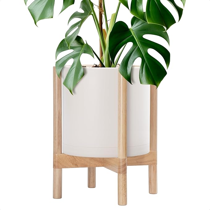 D'vine Dev Planter Pot with Stand - 12 Inch Plastic Cylinder Flower Pot with Wood Planter Holder for Indoor, Oatmeal Pot + Natural Stand, 55-C-P-4