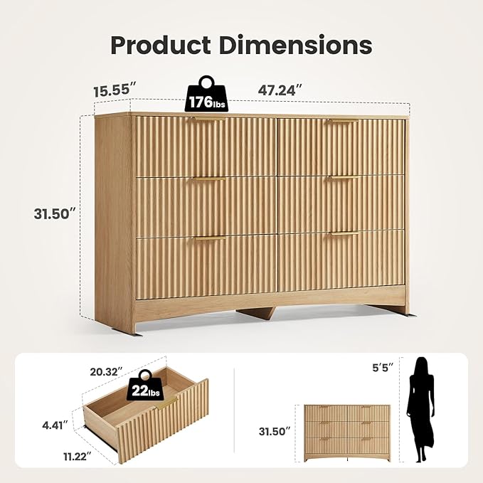 Amada Modern 6 Drawer Dresser, Fluted Wood Chest of Drawers with Rounded Corners, Pre-Installed Drawer Slides, Dresser TV Stand and Storage Organizer for Bedroom, Hallway, Natural Oak