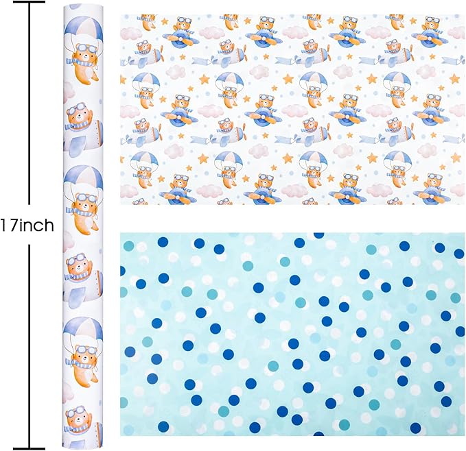 HOMERAL Baby Boy Wrapping Paper Roll - Adorable Blue Pilot Bear Design, Reversible Gift Wrap for Boy Birthday, Boys Baby Shower, Gender Reveal - Stars, Dots, Airplane and Parachute - 17 Inch x 33 Feet