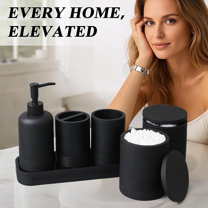 LIN CHUAN 6-Piece Bathroom Accessories Set, Organizer Set with Soap Dispenser, Toothbrush Holder Set, Vanity Tray, Tumbler & 2 Cotton Swab Jars – Modern Stylish Bathroom Storage(Matte Black)