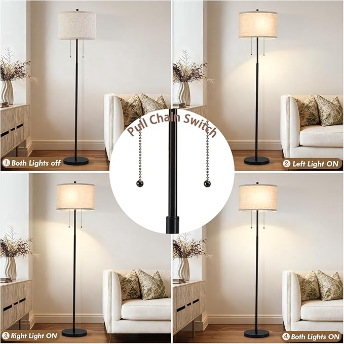 Luvkczc Floor Lamp, 62" Standing Lamp Tall Lamp with Fabric Lampshade&Pull Chain Corner Floor Lamps for Living Room, Bedroom,Office, 2 Bulb Socket