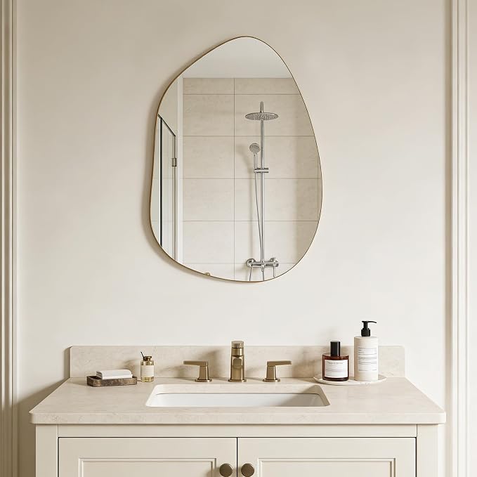 Irregular Wall Mirror Asymmetrical Mirror, Gold Mirror for Bathroom Living Room Entryway Bedroom, Decorative Modern Mirror, Tempered Glass, Shatterproof, Hangs Horizontally or Vertically (28" x 20")
