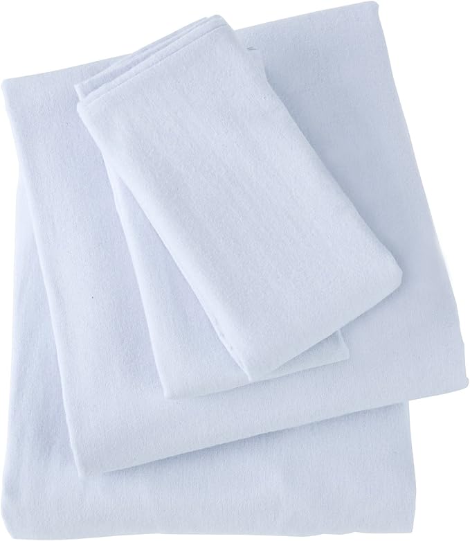 Market & Place 100% Turkish Cotton Flannel Sheet Set | 4 Piece Deep Pocket Solid Cozy Winter Bed Sheets | Double Brushed for Extra Softness & Comfort | Chalet Collection (Queen, Light Blue)